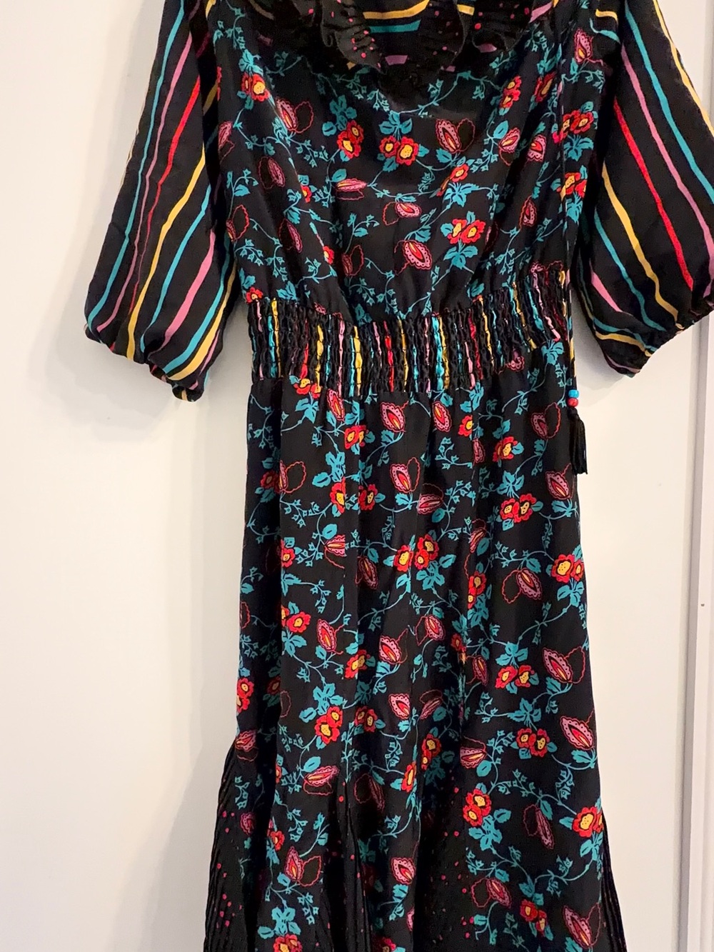 Betsey Johnson Black Floral Stripe Ruffle Midi Dress with Multicolor Accents - Picture 2 of 4